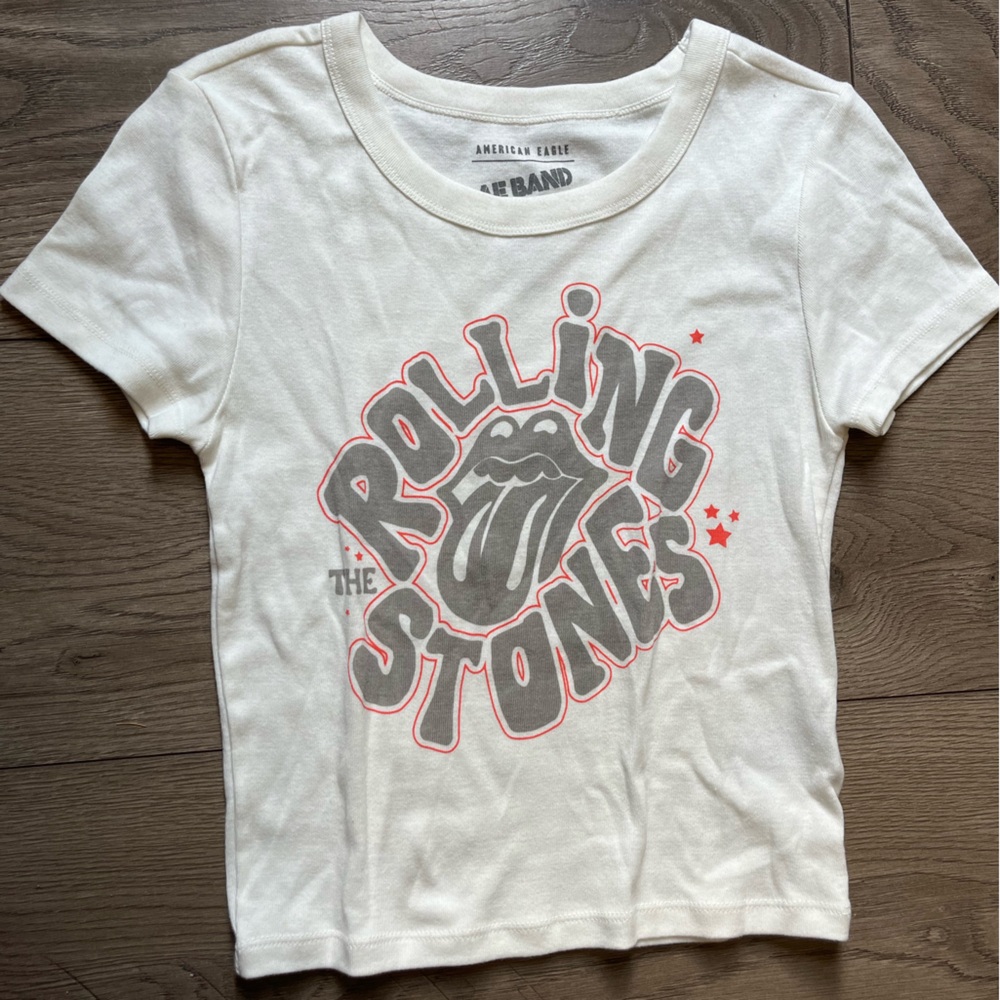 American Eagle Outfitters Rolling Stones White Short Sleeve Crop Top